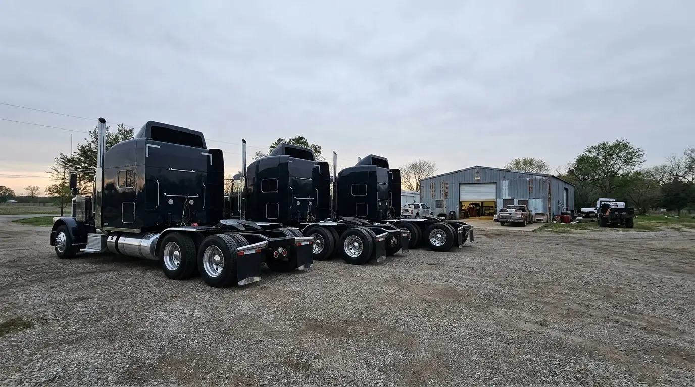 Three sleeper cab semi trucks parked side by side in a small gravel yard behind a metal shop building on an overcast morning.