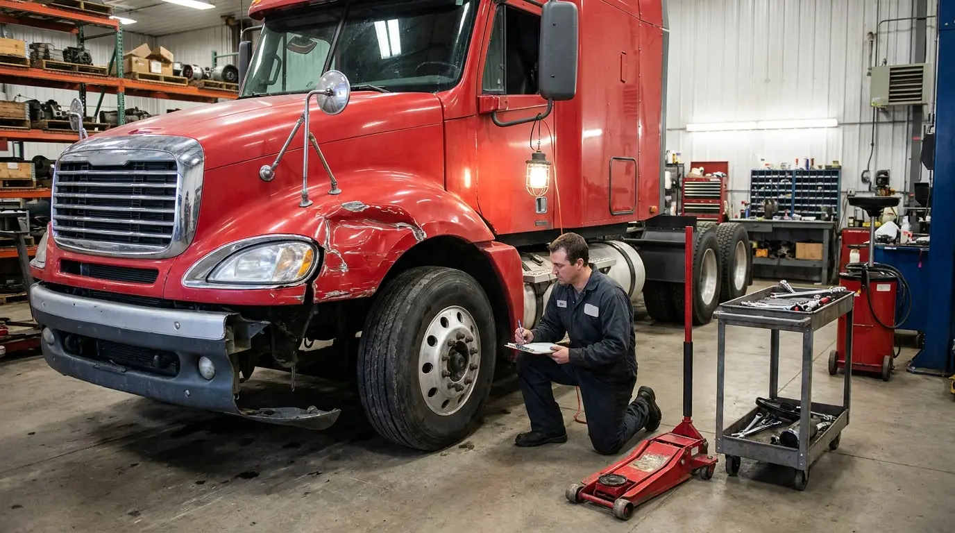 A technician in coveralls kneeling beside the crumpled front fender of a semi truck tractor inside a lit repair bay.