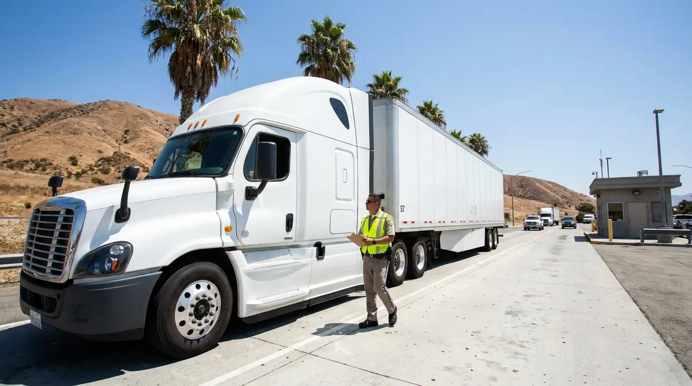 A white semi truck with a dry van trailer pulled into a California roadside inspection facility while an inspector in a high visibility vest walks alongside the tractor with a clipboard.