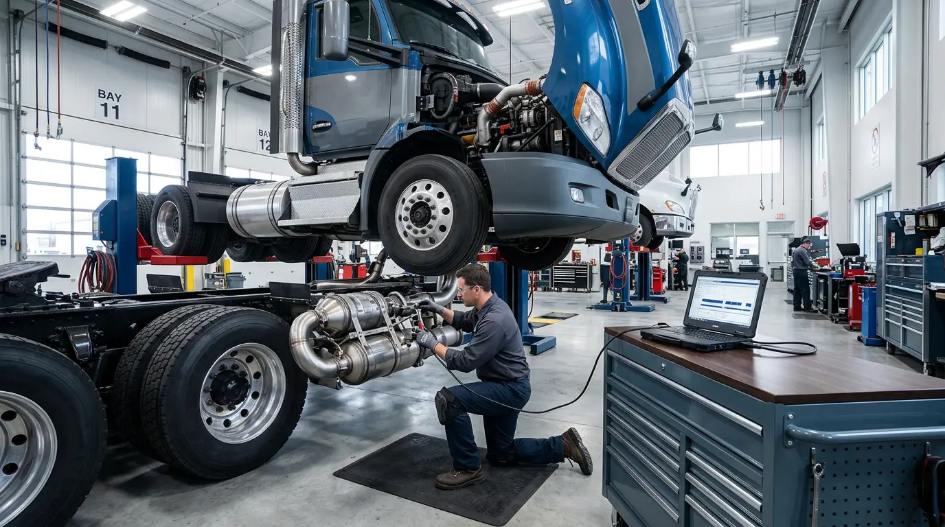 A diesel technician kneeling at the aftertreatment system of a heavy duty tractor in a repair shop with a diagnostic laptop plugged in beside him.