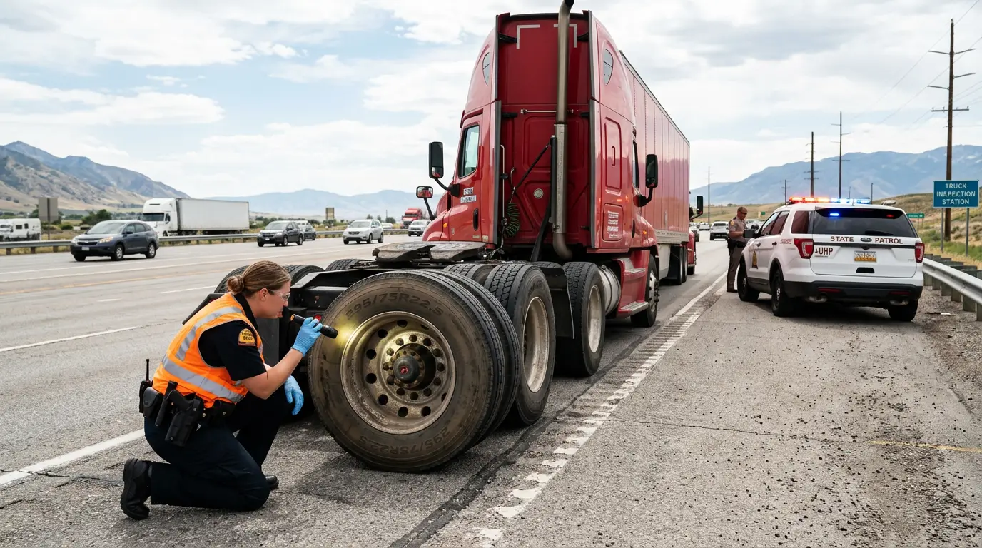 A certified inspector in an orange safety vest kneeling at the rear wheels of a parked semi truck on a highway shoulder, checking the brake drum during a roadside inspection that can affect truck insurance rates.
