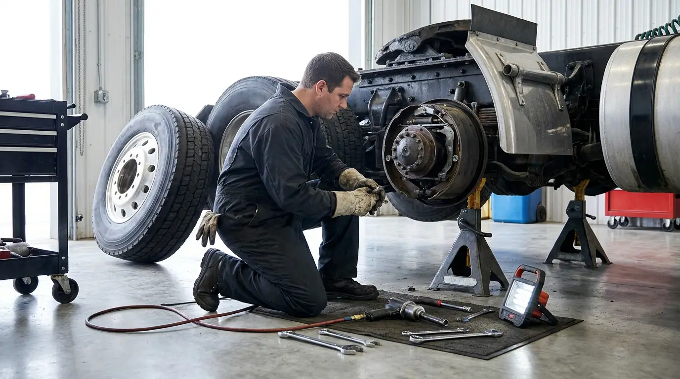A mechanic in a heavy truck maintenance bay inspecting an exposed brake drum and shoe assembly with the wheel removed, the kind of preventive work that keeps commercial truck insurance renewals clean.