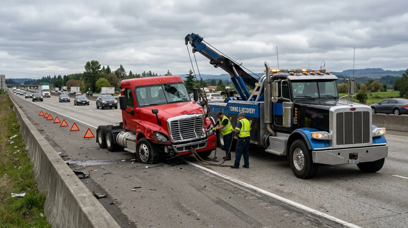 A heavy duty tow truck hooking up a damaged red day cab tractor on the shoulder of an interstate highway after an at fault truck accident.