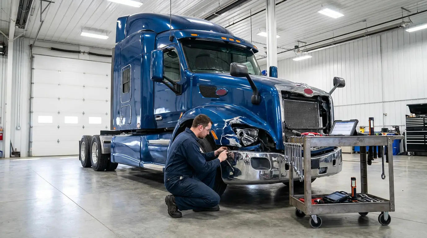 A diesel technician inspecting front end collision damage on a blue sleeper cab semi truck inside a heavy duty repair bay.