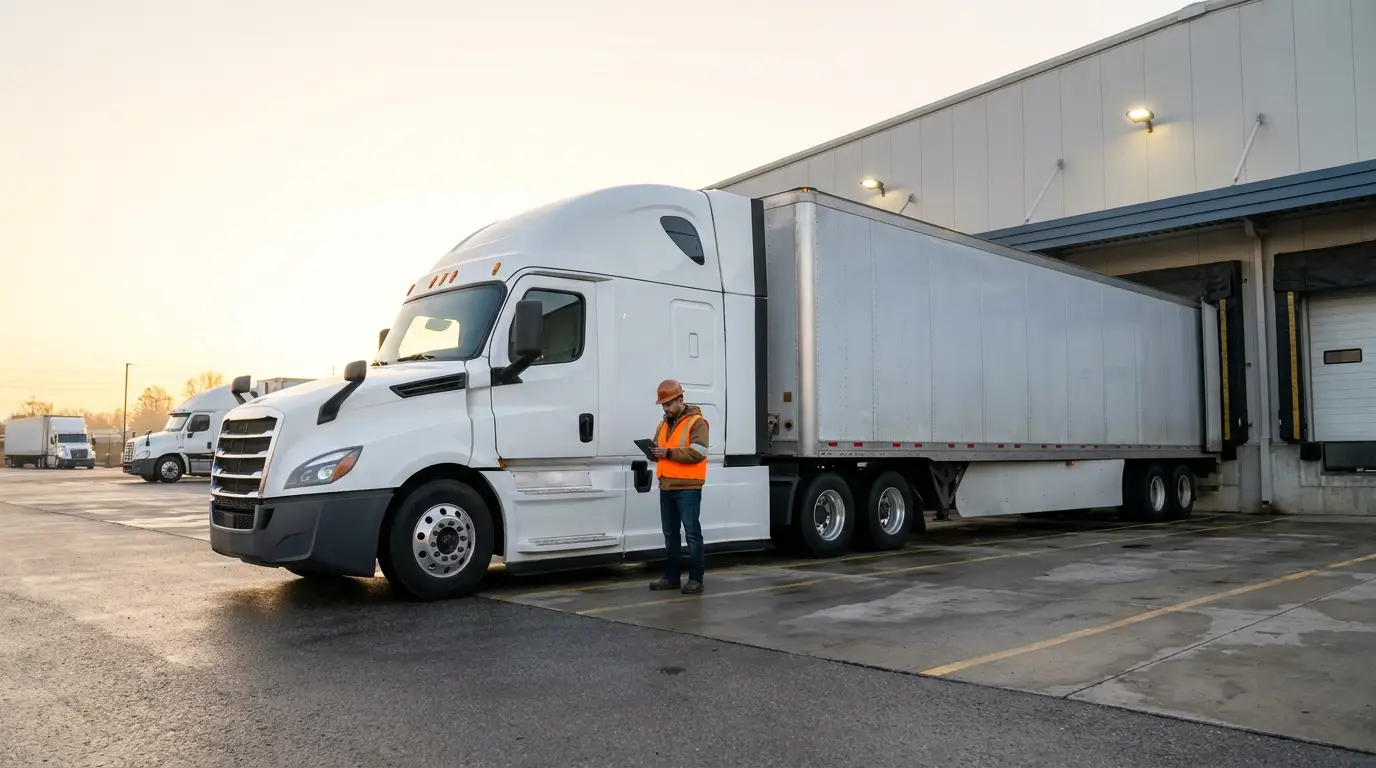 A white sleeper tractor and dry van trailer backed into a freight dock at sunrise while a dispatcher in an orange safety vest checks a tablet beside the cab, the moment a broker decides whether your truck insurance and safety record clear their file.