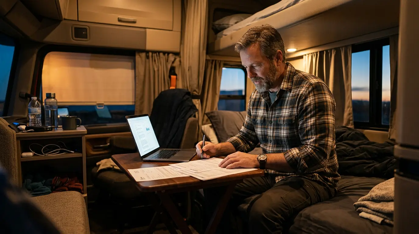 An owner operator sitting in the sleeper of his parked truck at dusk, working through broker contract paperwork and a laptop to check what commercial truck insurance limits each agreement requires.