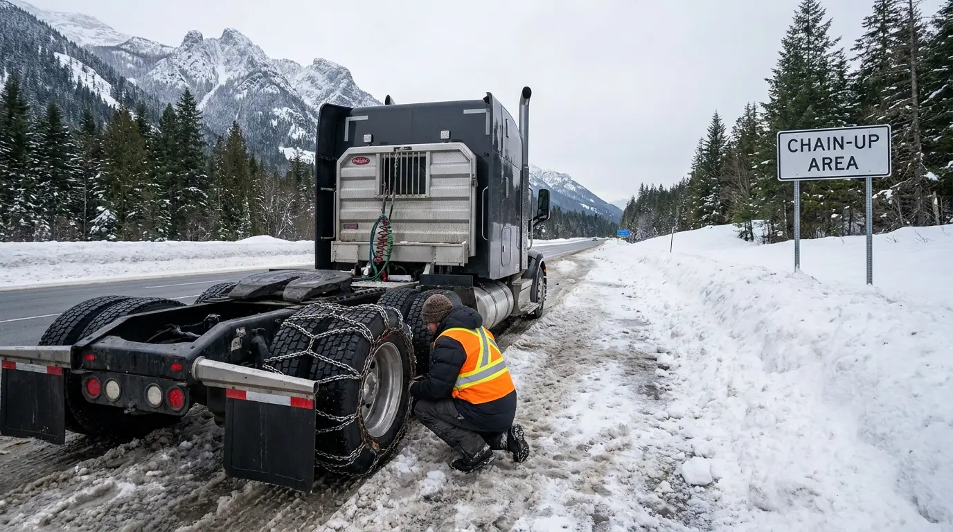 A driver in an orange safety vest crouched beside a semi truck fitting tire chains to the drive wheels at a snowy chain up area along a Rocky Mountain interstate.