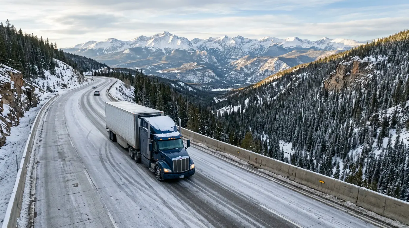 A blue tractor trailer descending an icy mountain interstate grade in the Colorado Rockies with a concrete barrier along the shoulder and snow covered peaks ahead.