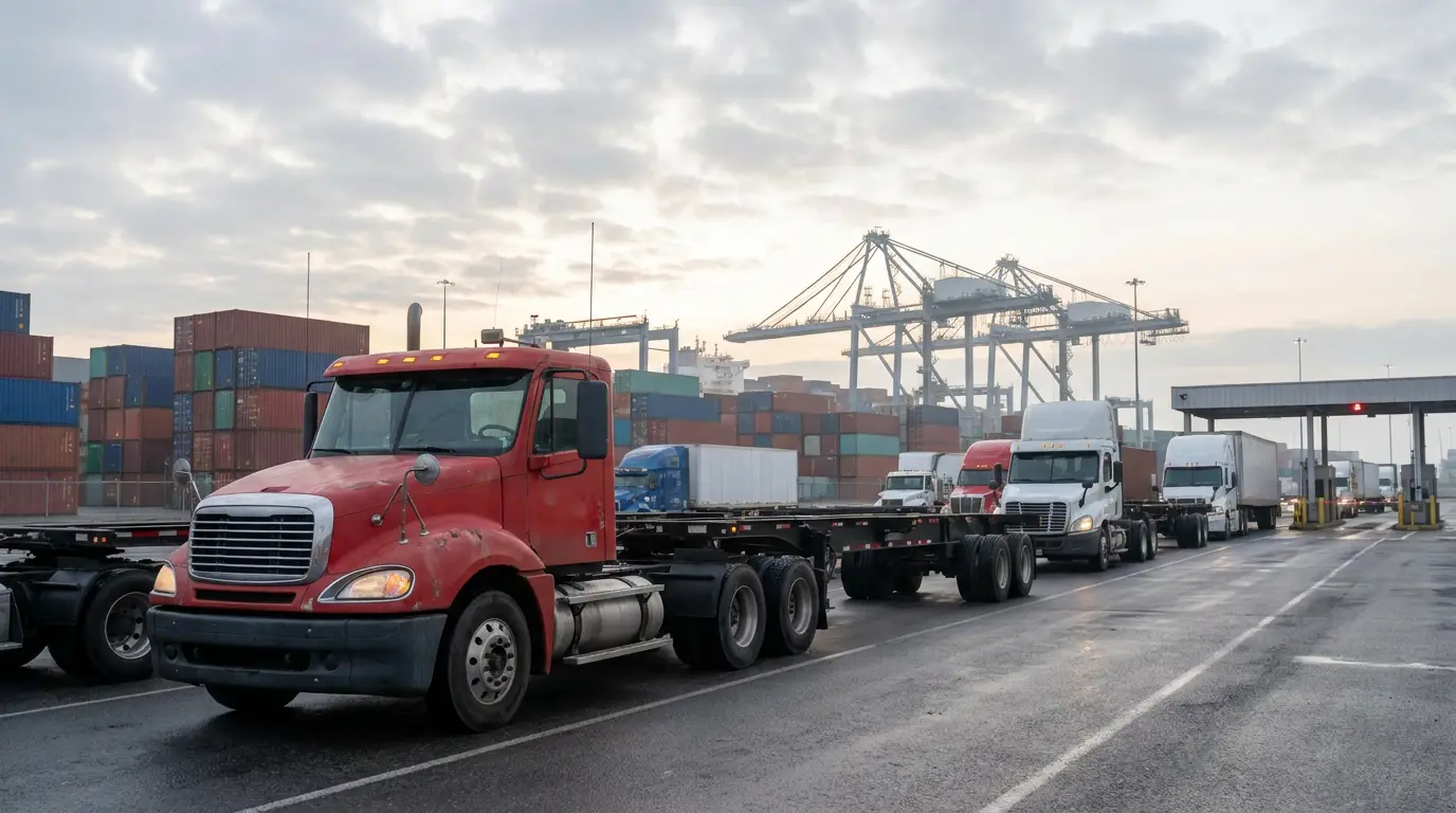 A red day cab tractor pulling a container chassis waits in line at a port terminal gate at dawn, the kind of drayage work at the center of the New Jersey misclassification case and the truck insurance questions behind it.