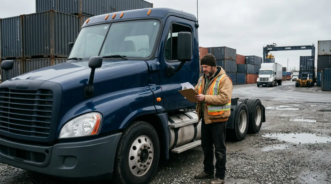 An owner operator in a work jacket reads through his lease paperwork on a clipboard beside his day cab tractor in a container yard, checking which truck insurance policies are in his own name.