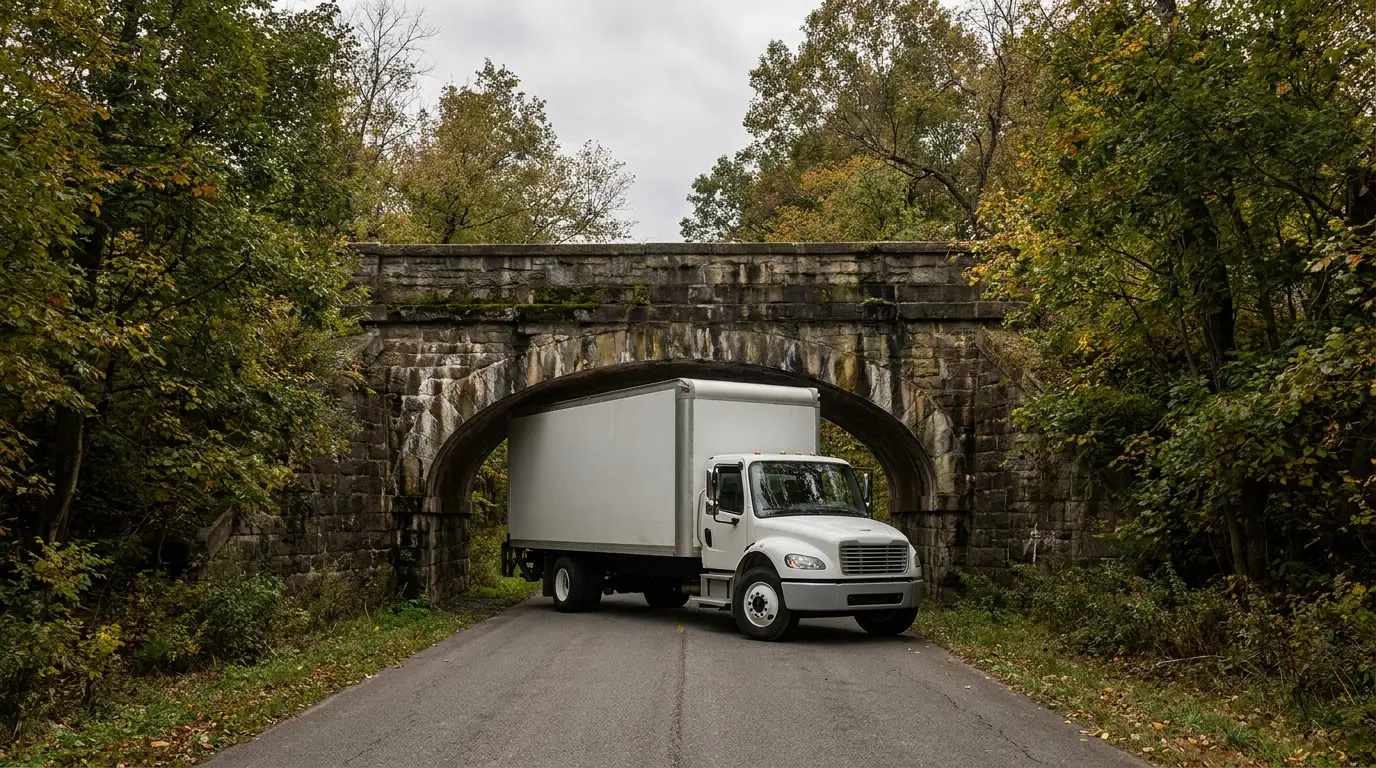A white box truck passing under a low stone arch railroad bridge on a narrow tree lined New England road with only inches of clearance above the box.