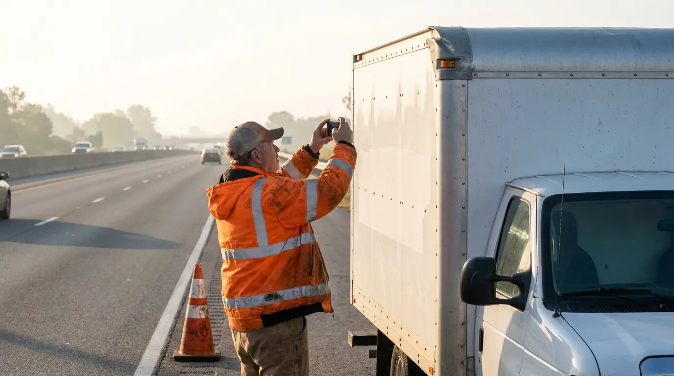 A driver in a high visibility jacket photographing the upper edge of a white box truck with a phone on a highway shoulder beside a traffic cone.