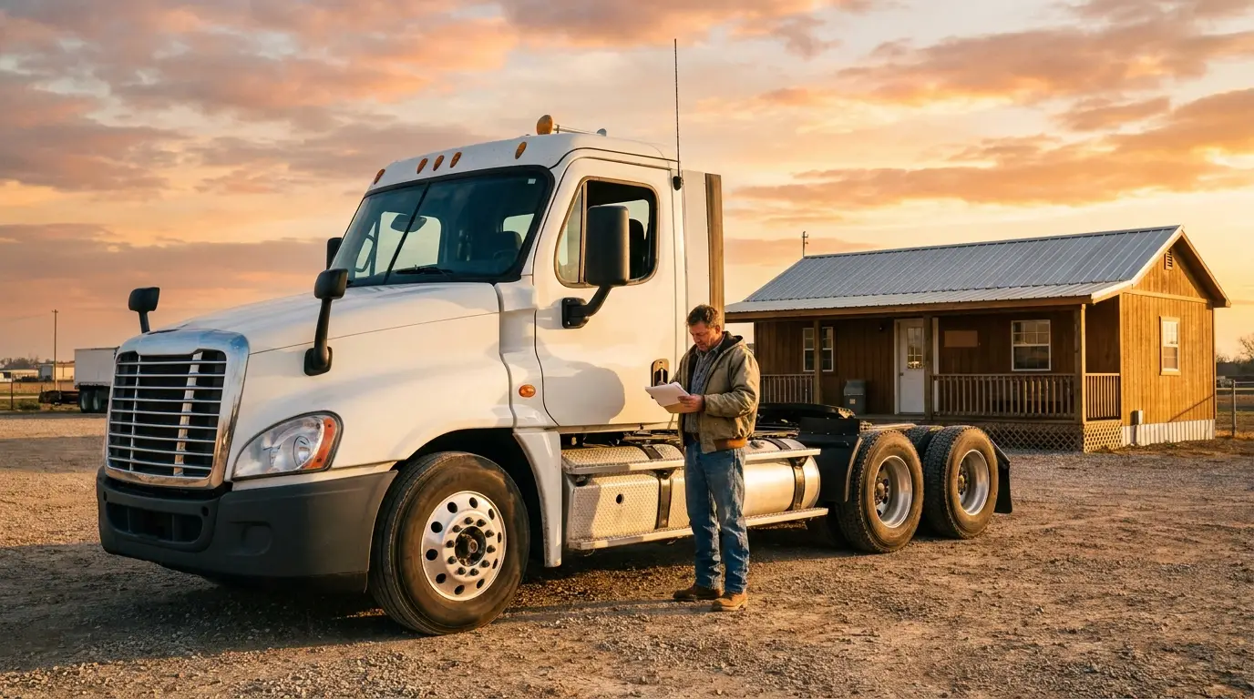 An owner operator reviewing new authority paperwork beside a white day cab tractor parked outside a small trucking office at sunrise.