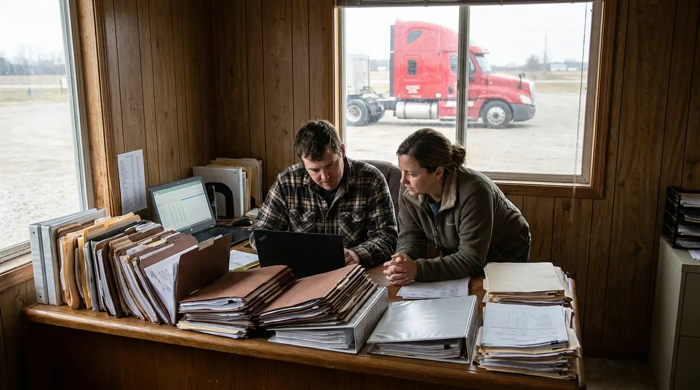 Two people in a small trucking office reviewing driver qualification files and maintenance binders spread across a desk ahead of an FMCSA safety audit.