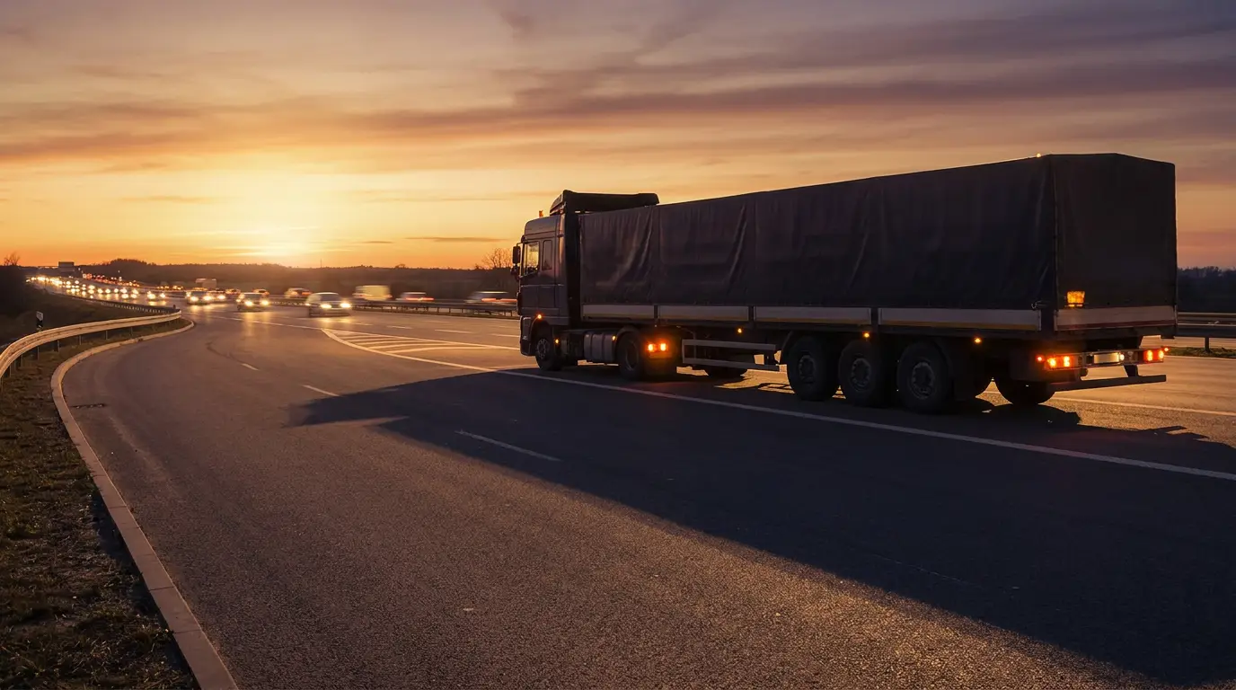 A tractor trailer stopped on the paved shoulder of a highway entrance ramp at dusk with its marker lights on while traffic streams past, the situation that turns a truck parking shortage into a truck insurance claim.