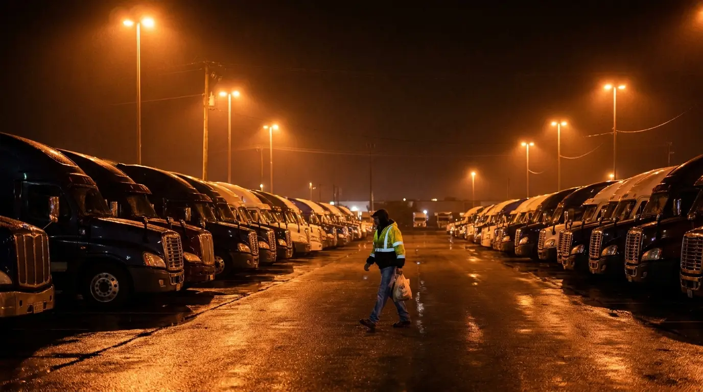 A driver in a hi vis jacket walks back to his rig across a packed truck stop lot at night with sleeper cabs parked tightly in rows on both sides of the drive lane.
