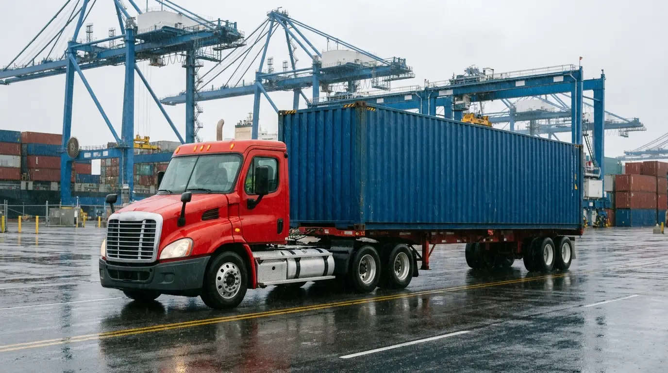 A red day cab tractor pulling a chassis with a blue forty foot container leaves a marine terminal gate on wet pavement with blue ship to shore cranes behind it.
