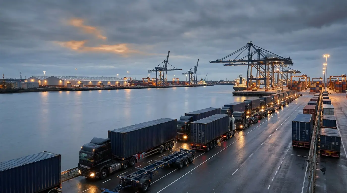 A line of trucks hauling container chassis waits on a wet access road beside a river container terminal at dusk with cranes and stacked boxes on the pier.