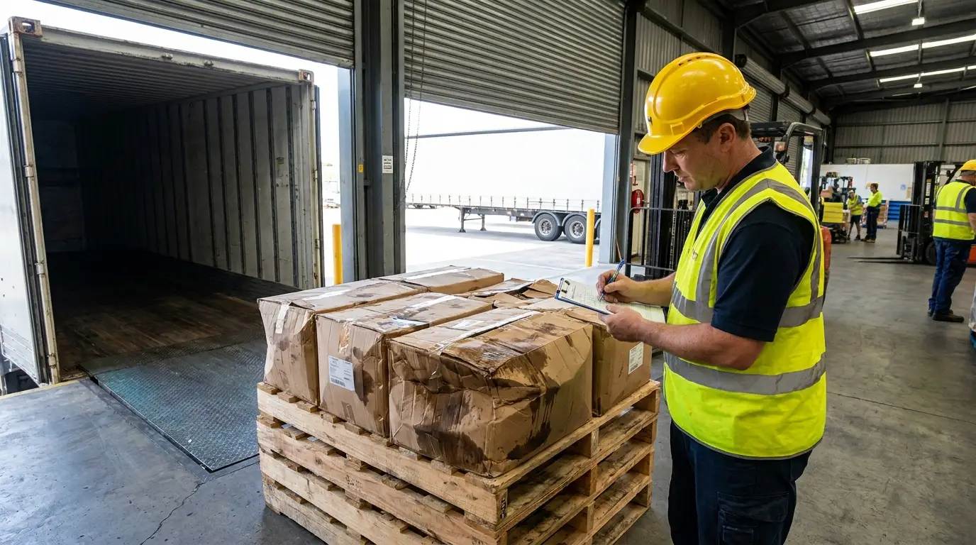A warehouse worker in a hi vis vest writing on a clipboard beside a pallet of crushed and stained cartons pulled off a trailer during a cargo insurance claim inspection.