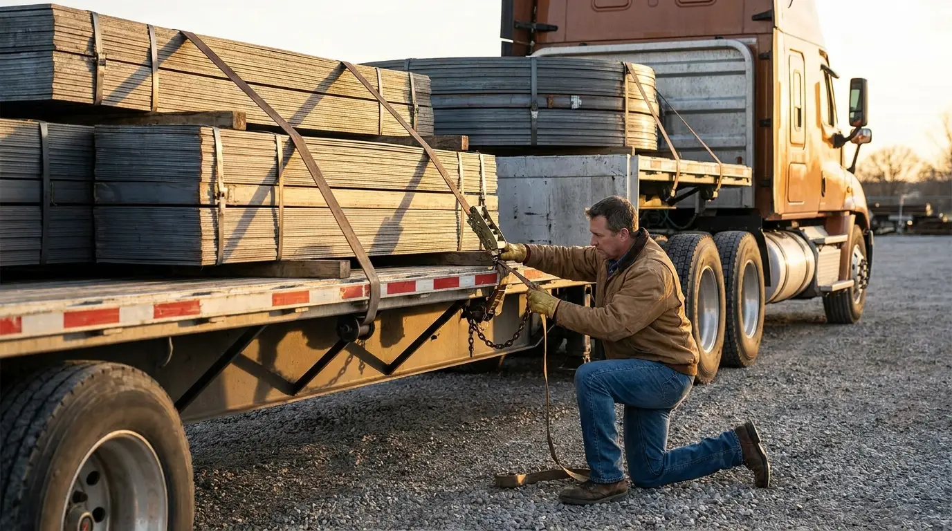 A truck driver kneeling at the side of a loaded flatbed trailer tightening a ratchet strap over banded steel bundles before a haul.