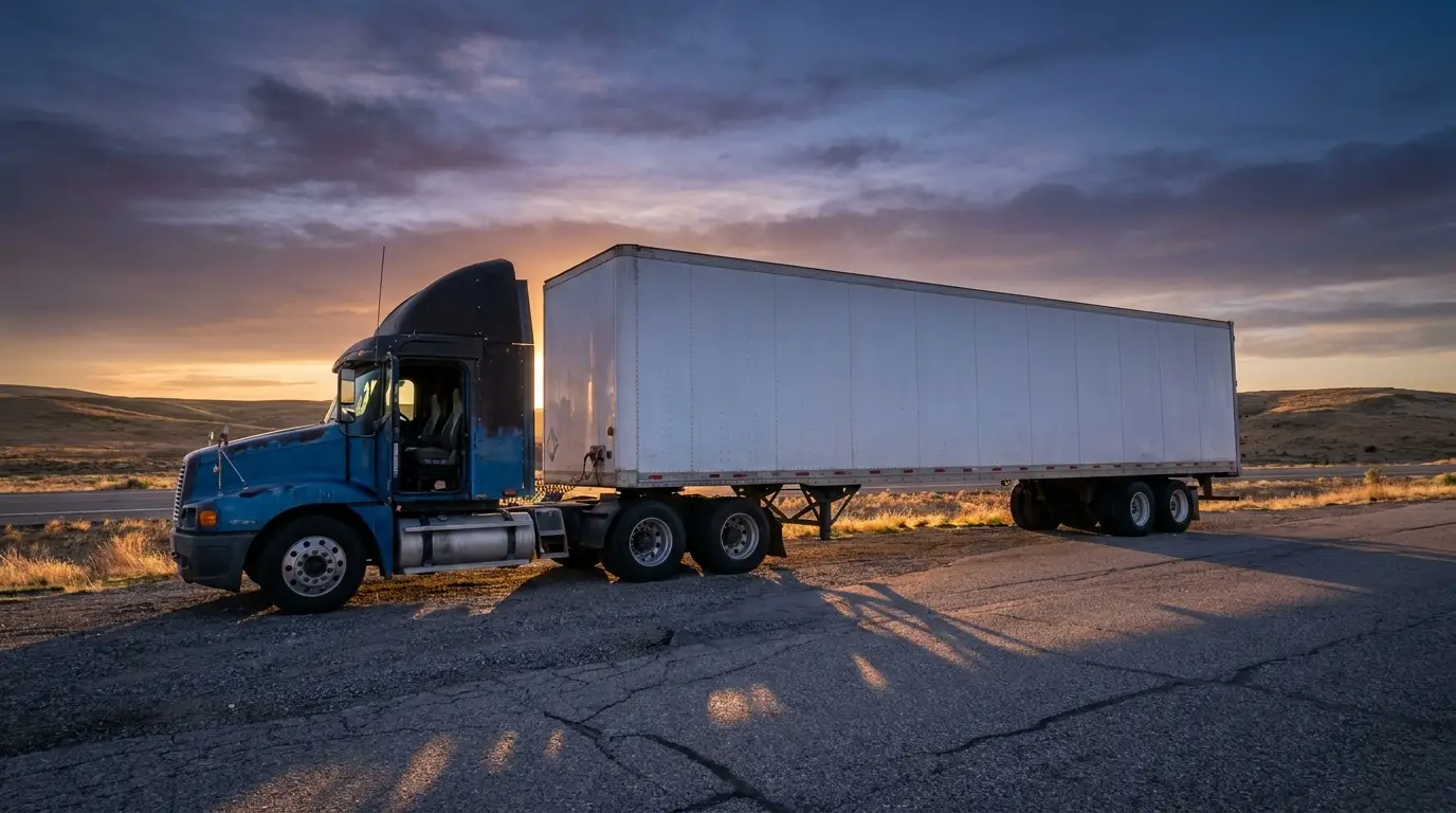 A loaded semi truck and dry van trailer left alone on a highway shoulder at dusk with the cab door open and nobody aboard, the kind of unattended unit that turns an out of service order into a truck insurance problem.