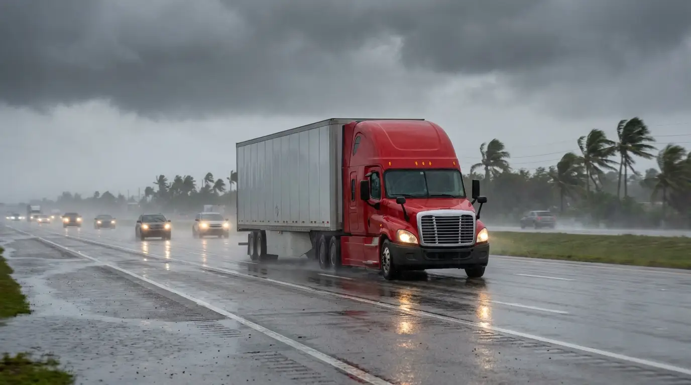 A red semi truck pulls a dry van through heavy rain on a Florida interstate as palm trees bend in tropical storm wind under a dark sky.