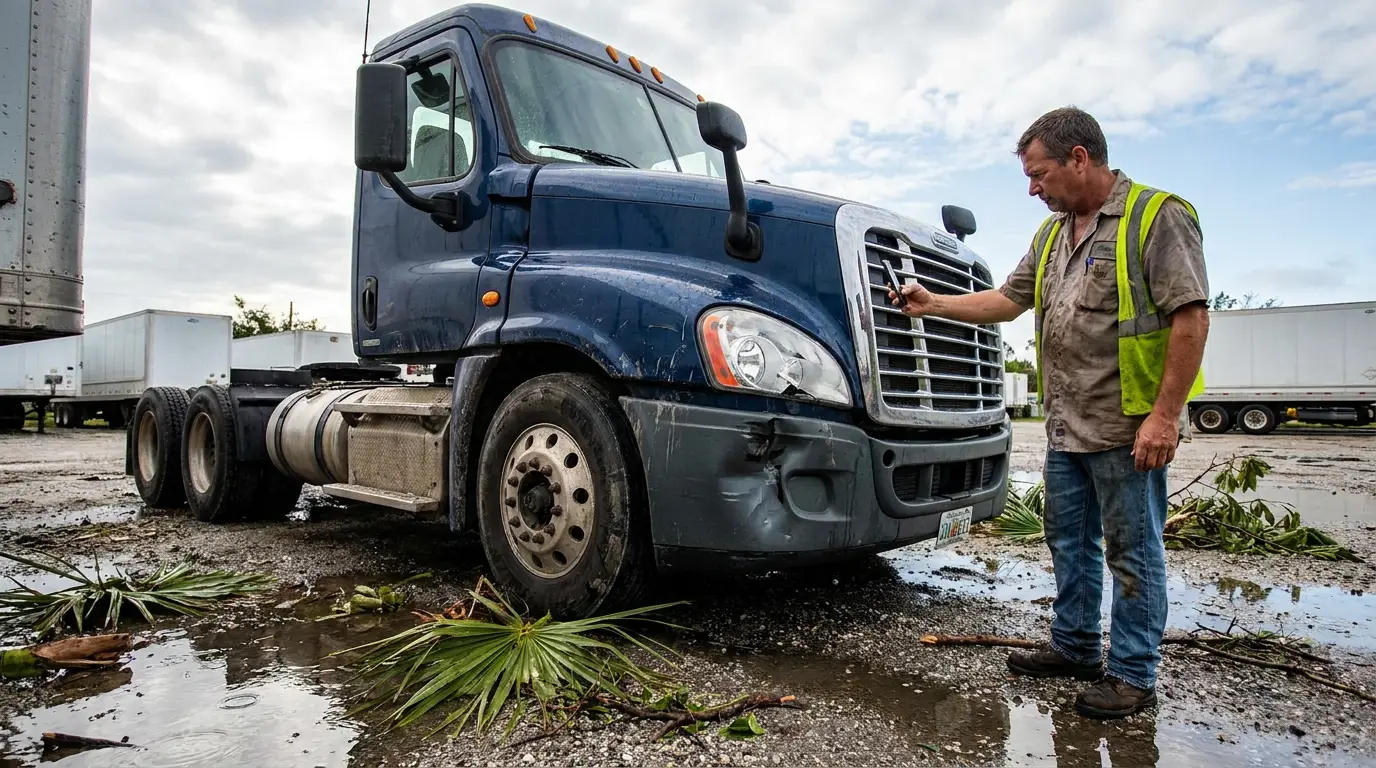 An owner operator photographs storm damage to the front bumper of his blue day cab tractor in a wet Florida truck yard scattered with palm fronds.