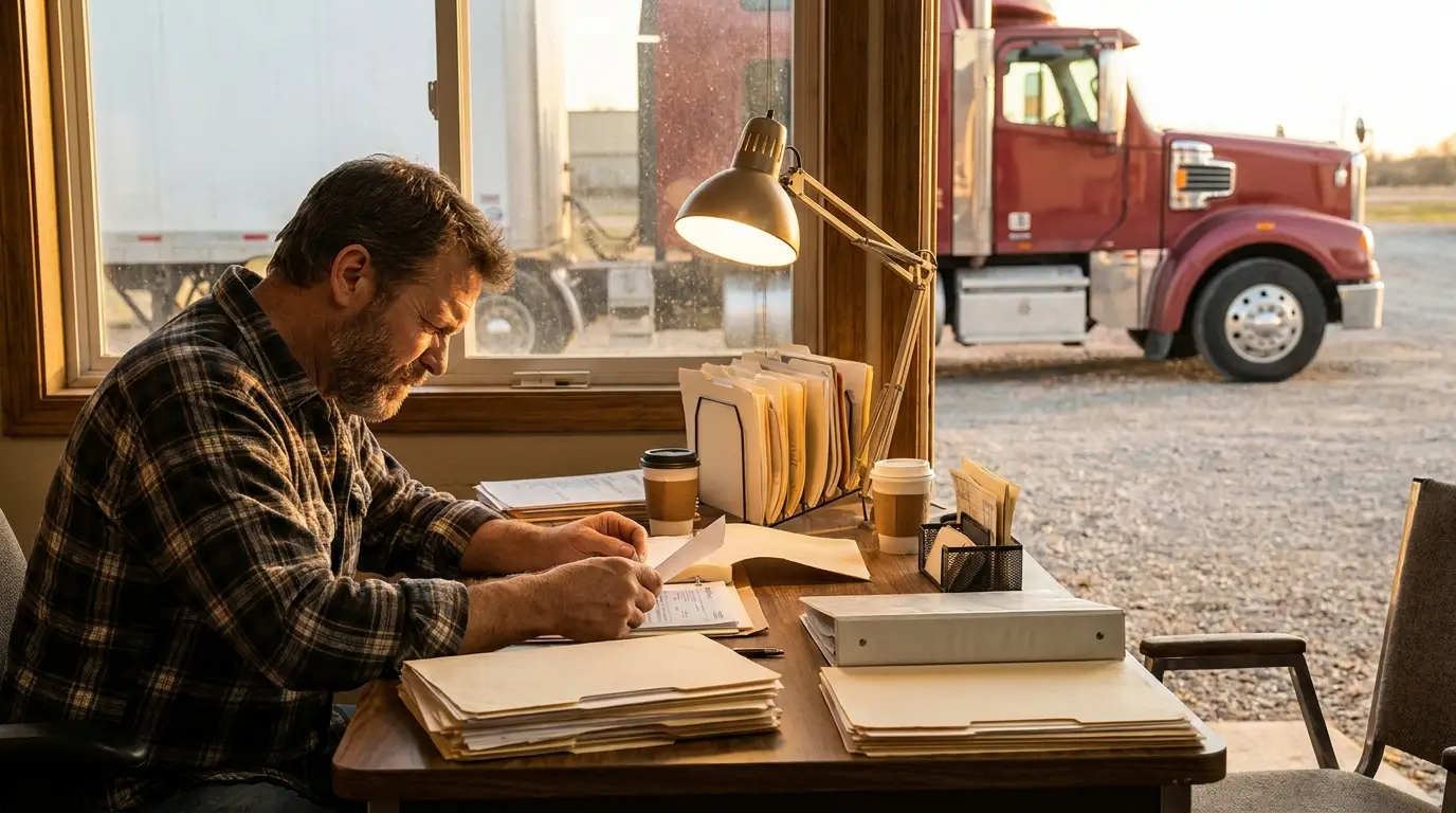 A small trucking company owner at an office desk working through stacks of driver qualification files and maintenance paperwork with a tractor parked in the yard outside the window.