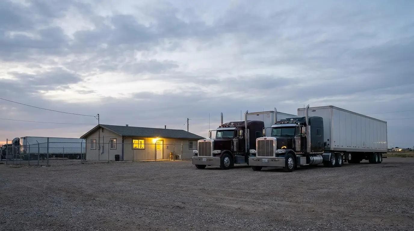 Two tractor-trailers parked at dusk outside the small office of a family owned truck fleet carrying commercial truck insurance.