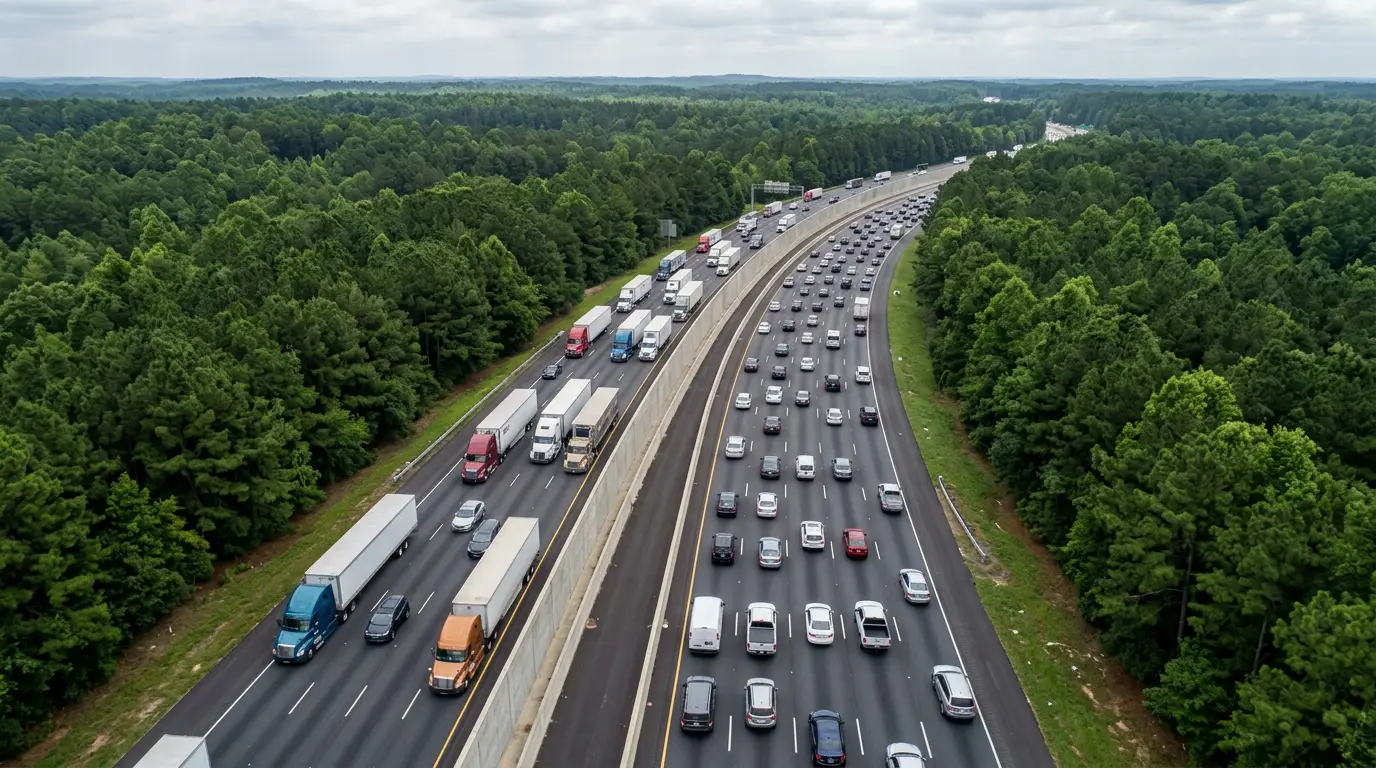 Aerial view of a Georgia interstate where tractor trailers travel in barrier separated lanes on the left while passenger cars use the general purpose lanes on the right.
