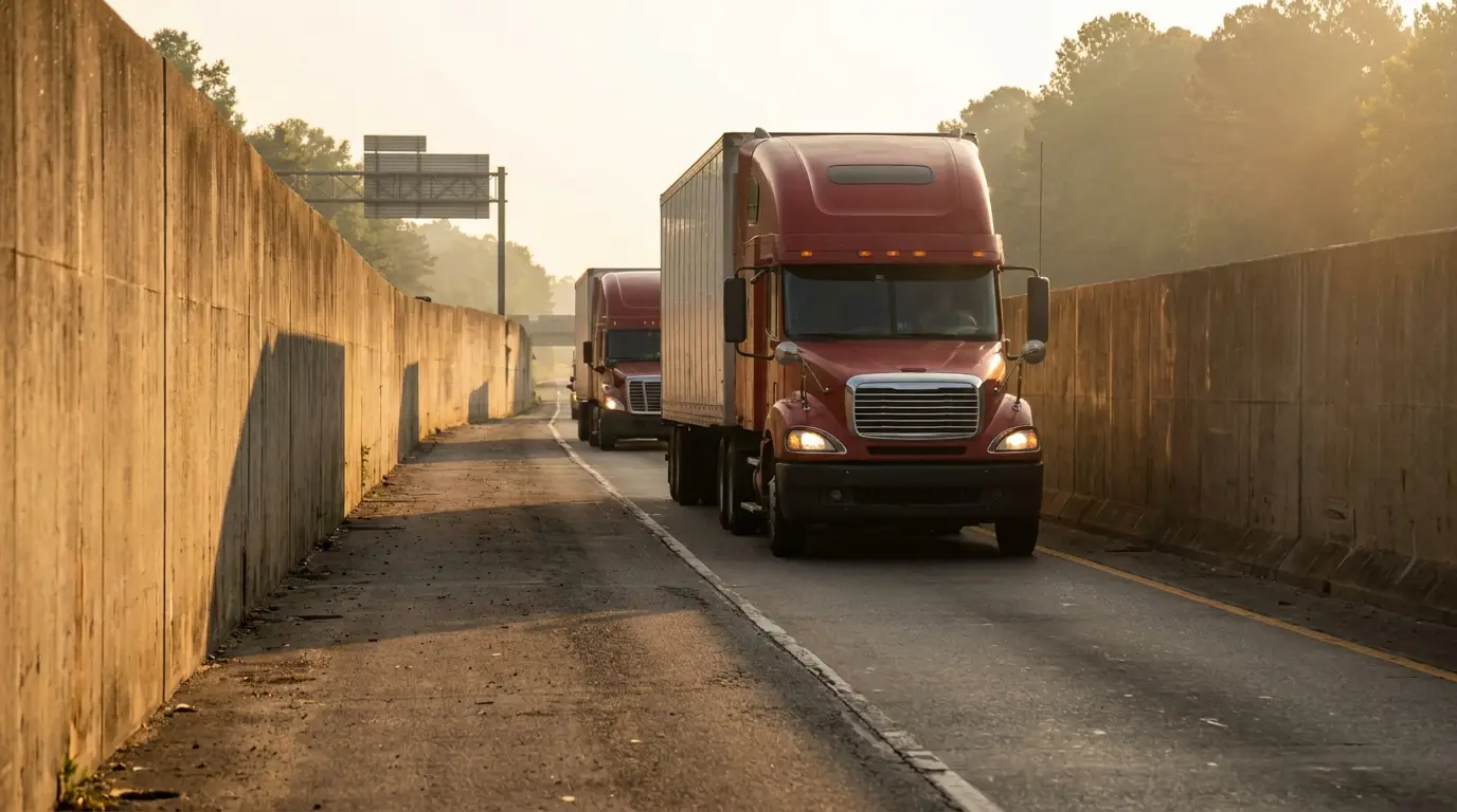 Two red tractor trailers running nose to tail in a highway lane walled in by tall concrete barriers with no shoulder on either side.