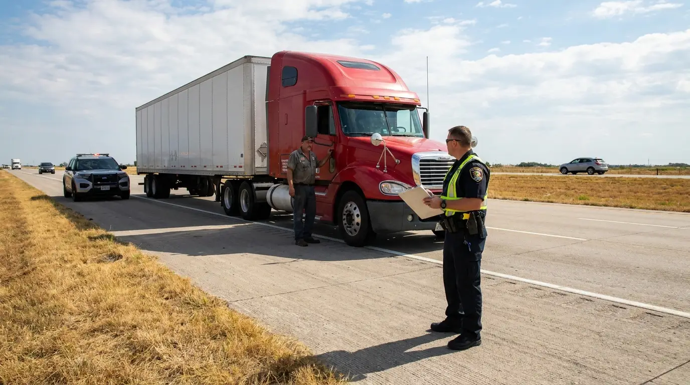 A state commercial vehicle inspector with a clipboard talks with a truck driver beside a red sleeper tractor on an interstate shoulder, the roadside stop that decides whether a driver keeps rolling and what your truck insurance record looks like at renewal.