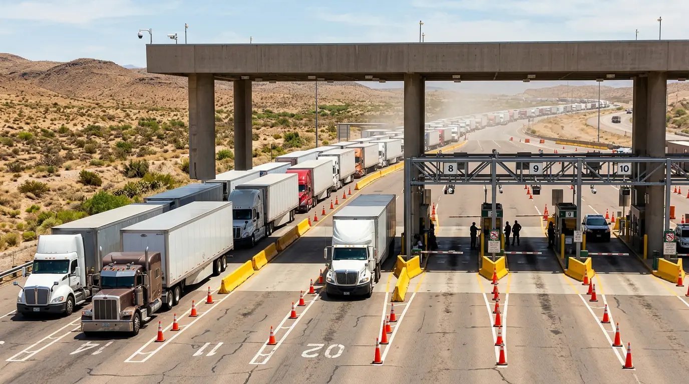 Tractor trailers queued in marked lanes at a southwestern commercial border crossing inspection plaza, the border commercial zone where the proposed English proficiency exception applies and where dispatch decisions change a driver's exposure.
