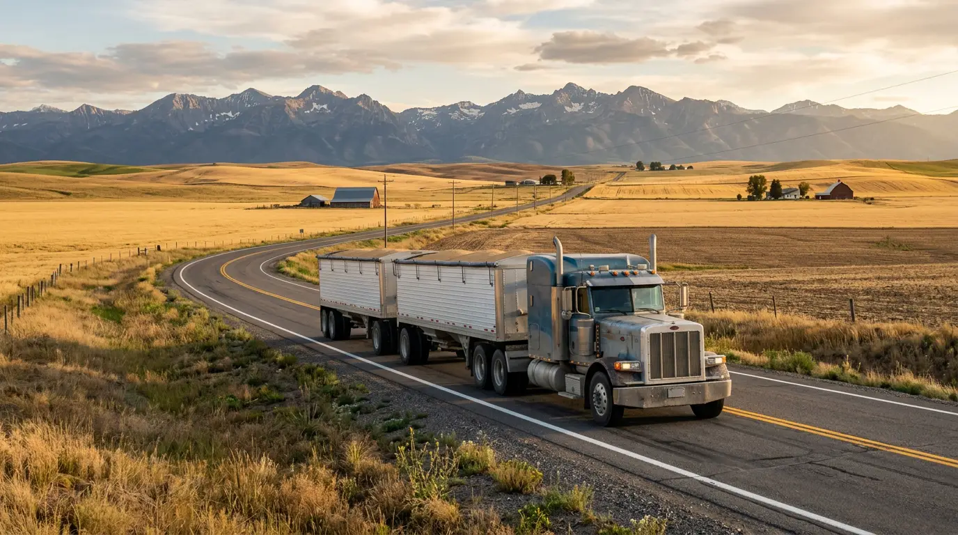 A two trailer combination hauling bulk freight along a rural Idaho state highway of the kind designated for 129,000 pound loads.
