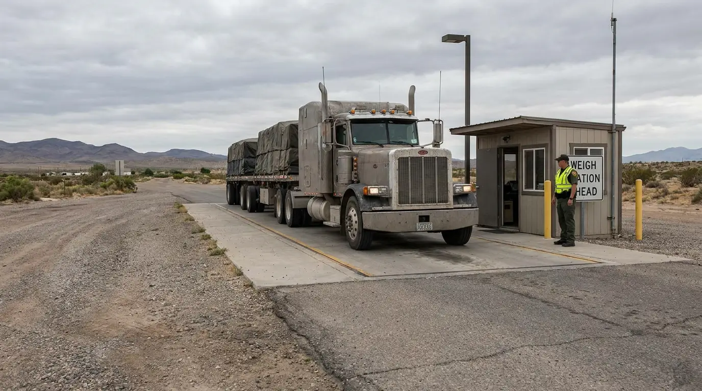 A loaded two trailer truck sitting on the scale at a rural western port of entry while an officer reviews the paperwork.