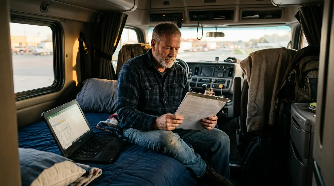 An owner operator sitting in the sleeper of his truck reading a one page insurance document on a clipboard with a laptop open beside him.