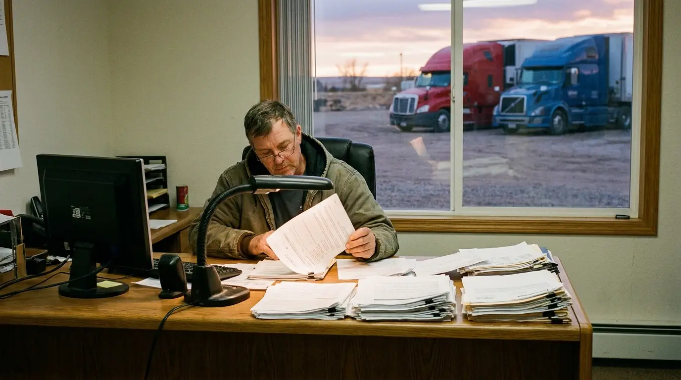 A small fleet owner at an office desk reading through stacked paperwork with two parked trucks visible in the yard behind him.