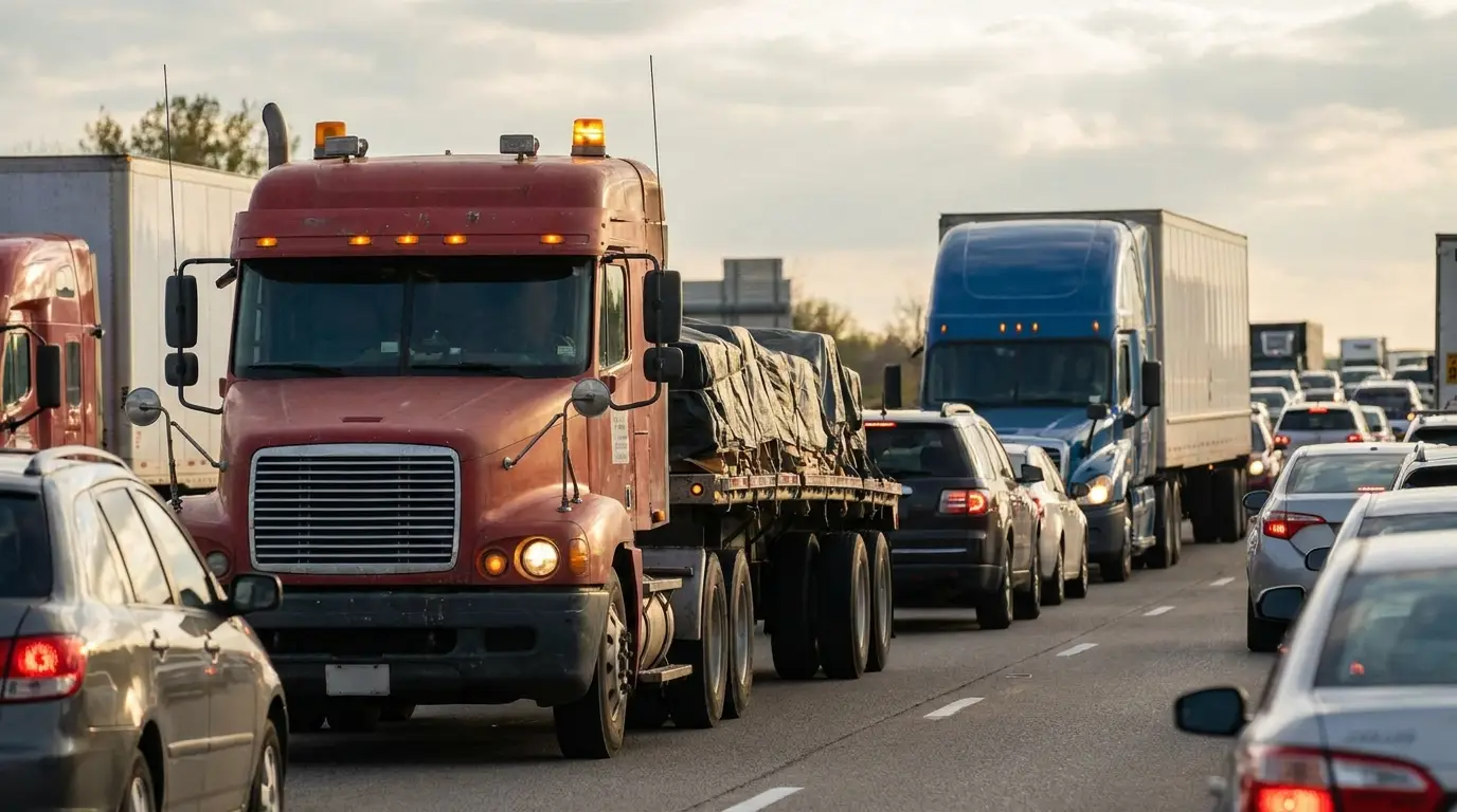 A loaded flatbed semi truck moving at a crawl in heavy interstate traffic with passenger cars boxed in around it, the closing speed problem a DEF derate creates.