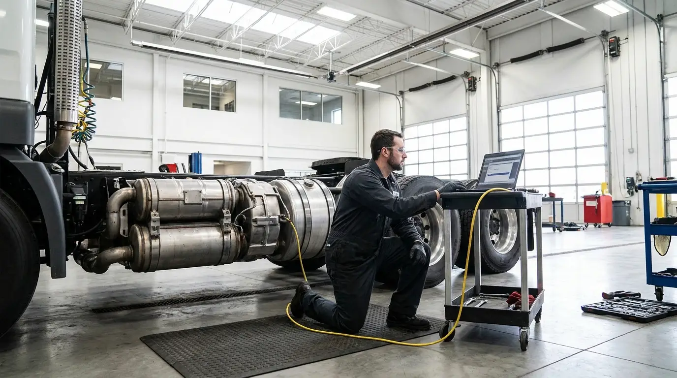 A diesel technician kneeling beside a semi truck's aftertreatment canisters in a service bay with a laptop connected by a diagnostic cable.
