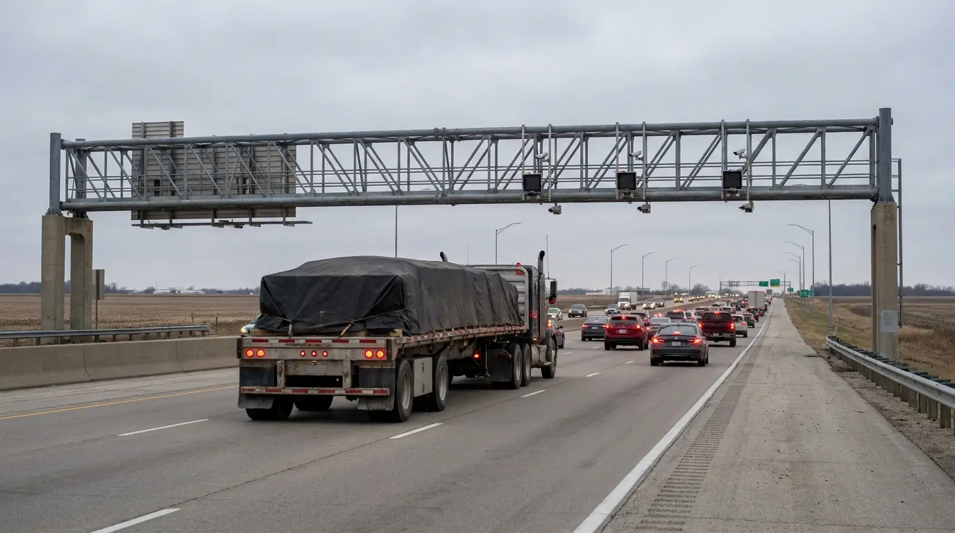 A tarped flatbed tractor trailer running under an overhead electronic tolling gantry on a wide midwestern tollway where commercial truck tolls are set to rise.