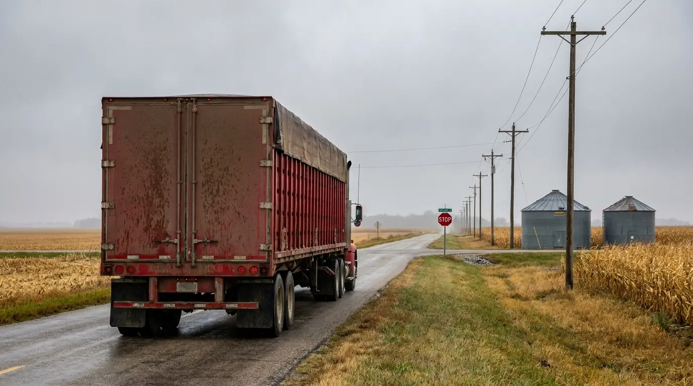 A loaded tractor trailer on a narrow two lane county road with no shoulder, approaching a stop sign beside grain bins and open farmland.