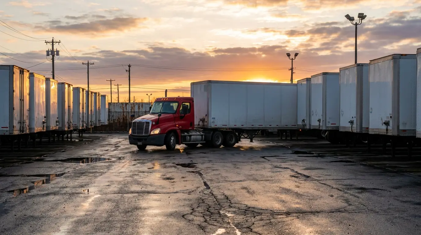 A red day cab tractor sitting with no trailer attached in a drop yard beside a long row of plain white dry van semitrailers that belong to somebody else.