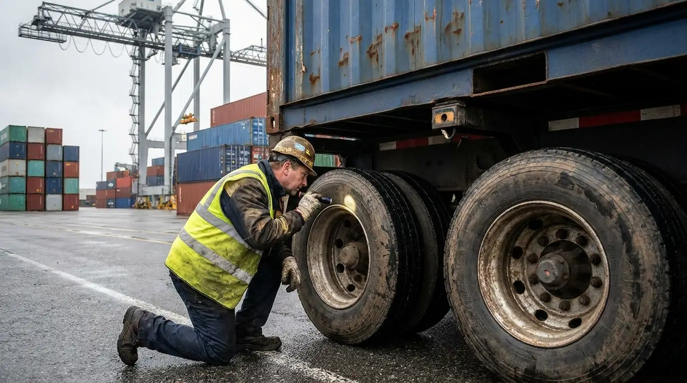 A driver in a hi vis vest kneeling with a flashlight to inspect the tires and brake components on the rear tandem of a non owned intermodal container chassis at a port terminal.
