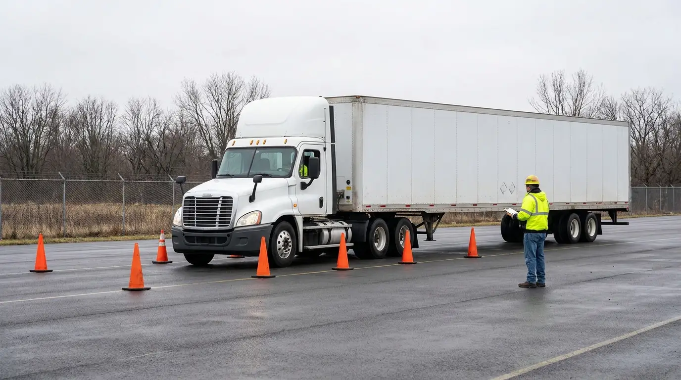 A white day cab tractor pulling an unmarked dry van trailer backing between orange cones on a commercial driving school range while an instructor in a safety vest watches with a clipboard.