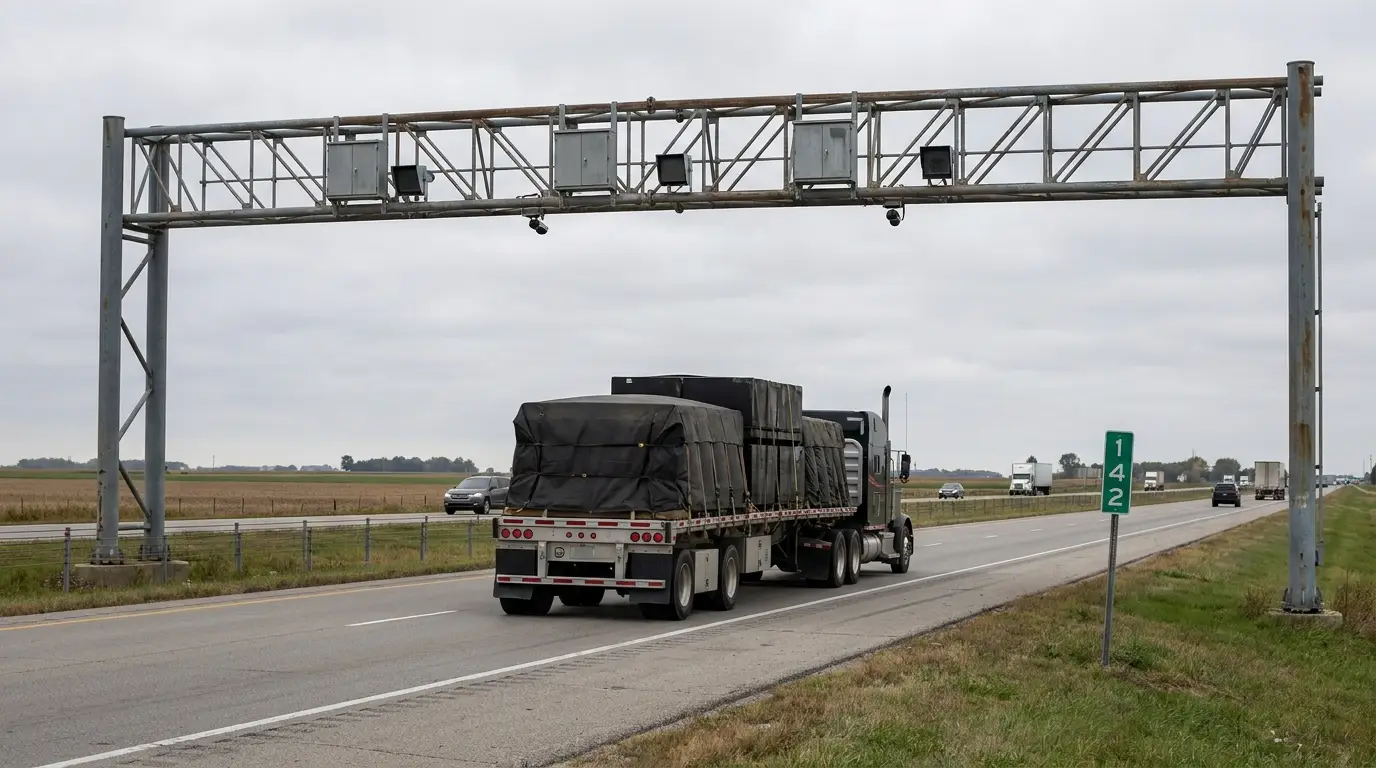 A loaded flatbed tractor trailer running under a highway gantry fitted with roadside sensor cabinets and cameras on a rural Indiana interstate, the kind of site used for truck weight screening.