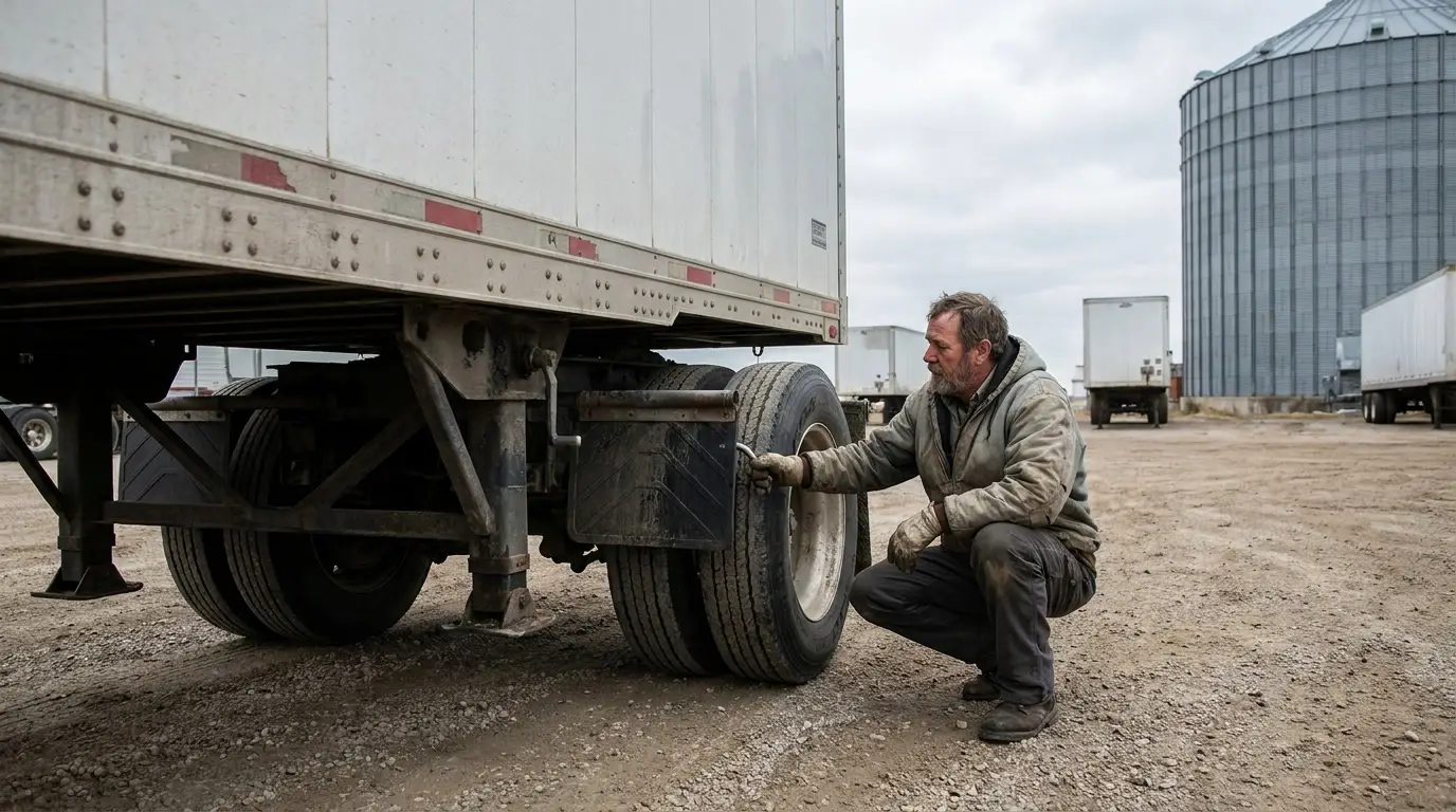 A truck driver crouched at the rear tandem axles of a white dry van trailer in a gravel yard with a hand on the slider release handle, adjusting axle weight before a run.