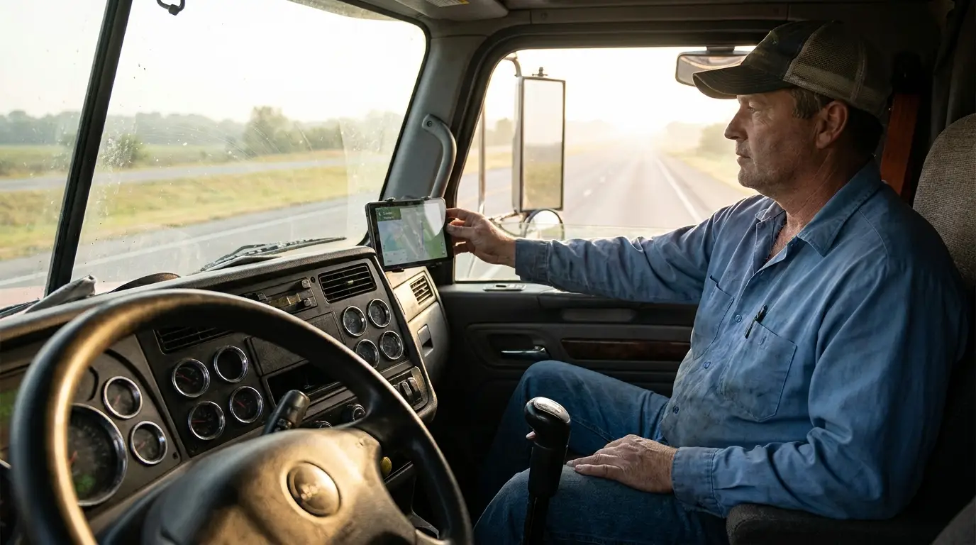 A truck driver in a blue work shirt sitting in the left hand seat of a semi cab with one hand on a small tablet mounted to the dashboard, a rural highway visible through the windshield in early morning light.
