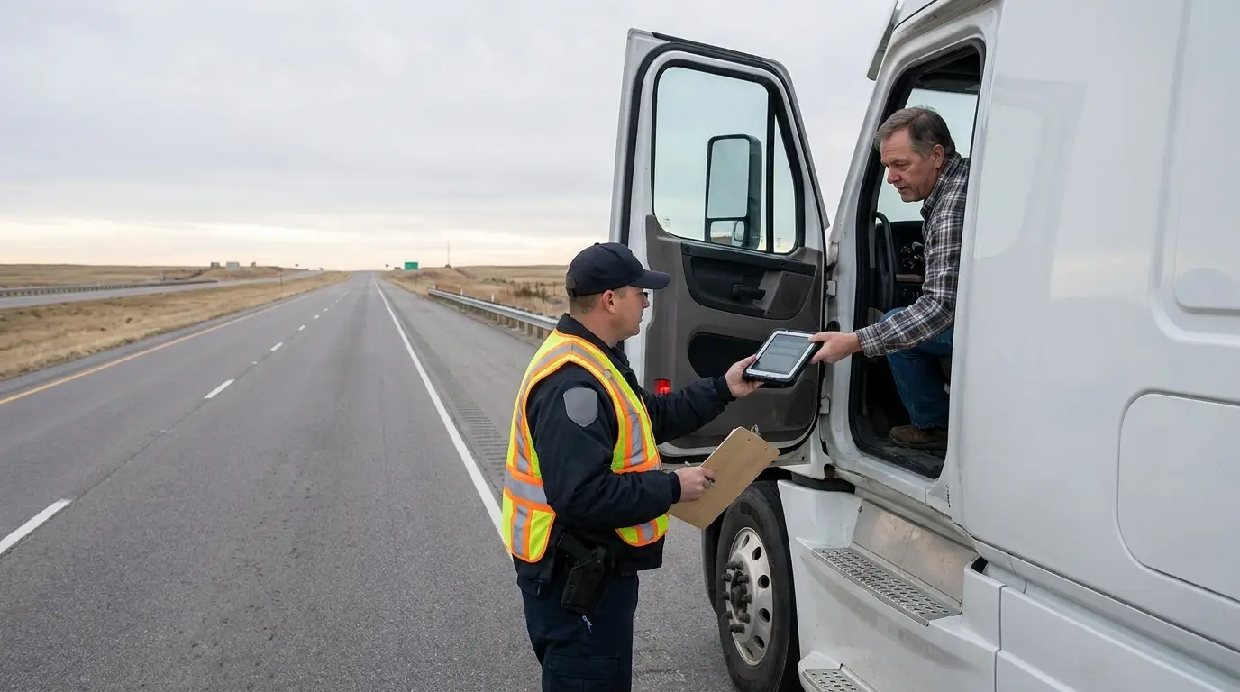 A commercial vehicle inspector in a safety vest holding a clipboard at the open driver door of a white semi truck parked on a highway shoulder while the driver hands a tablet down out of the cab.