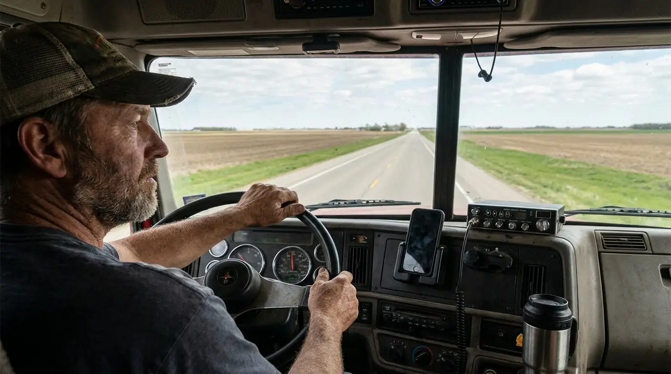 A truck driver keeping both hands on the steering wheel of a semi cab while his smartphone sits untouched in a dashboard cradle, running a straight two lane highway through flat farmland.