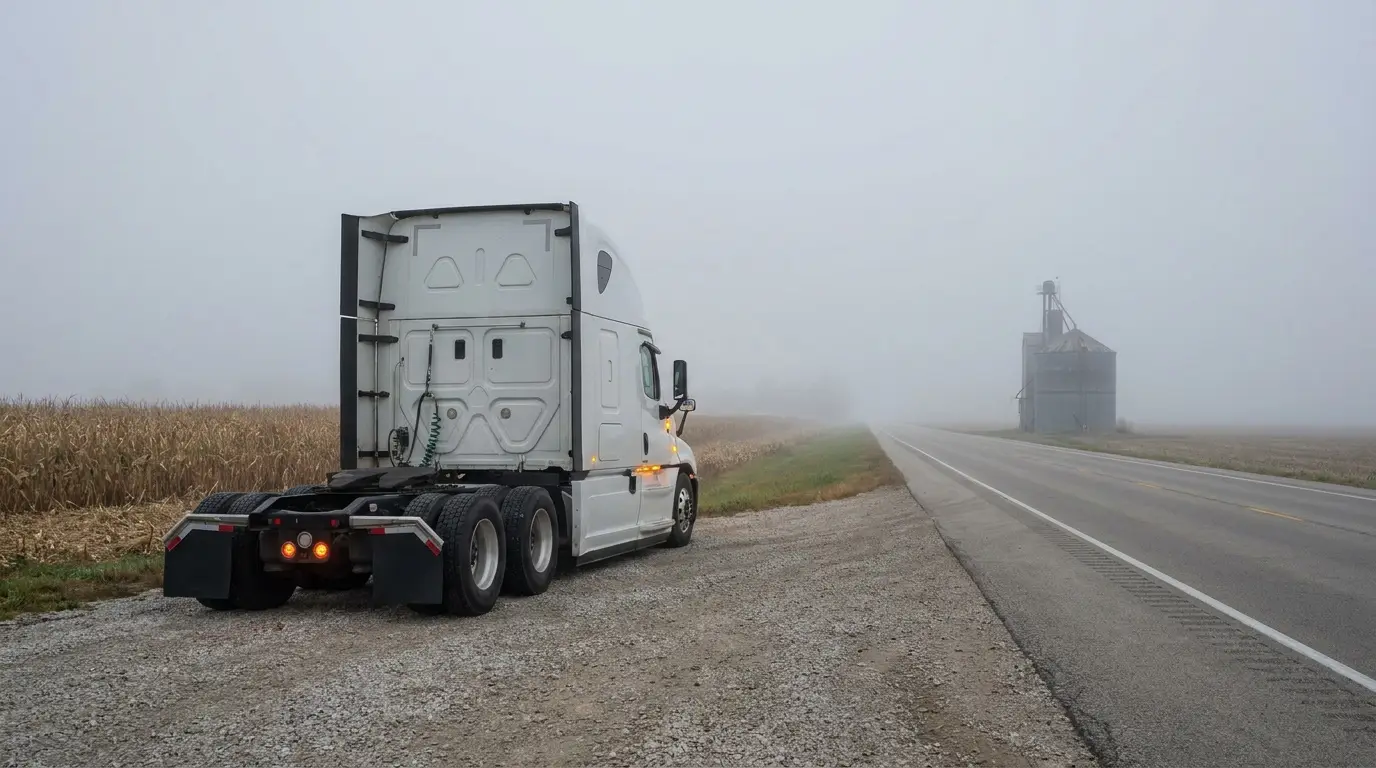 A white sleeper truck tractor parked alone on a gravel shoulder beside a harvested Iowa cornfield in dense morning fog, with an empty two lane highway and a grain bin fading into the mist.